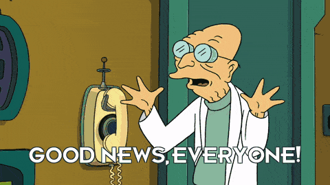 Animation of Futurama character Professor Farnsworth saying "good news, everyone!"