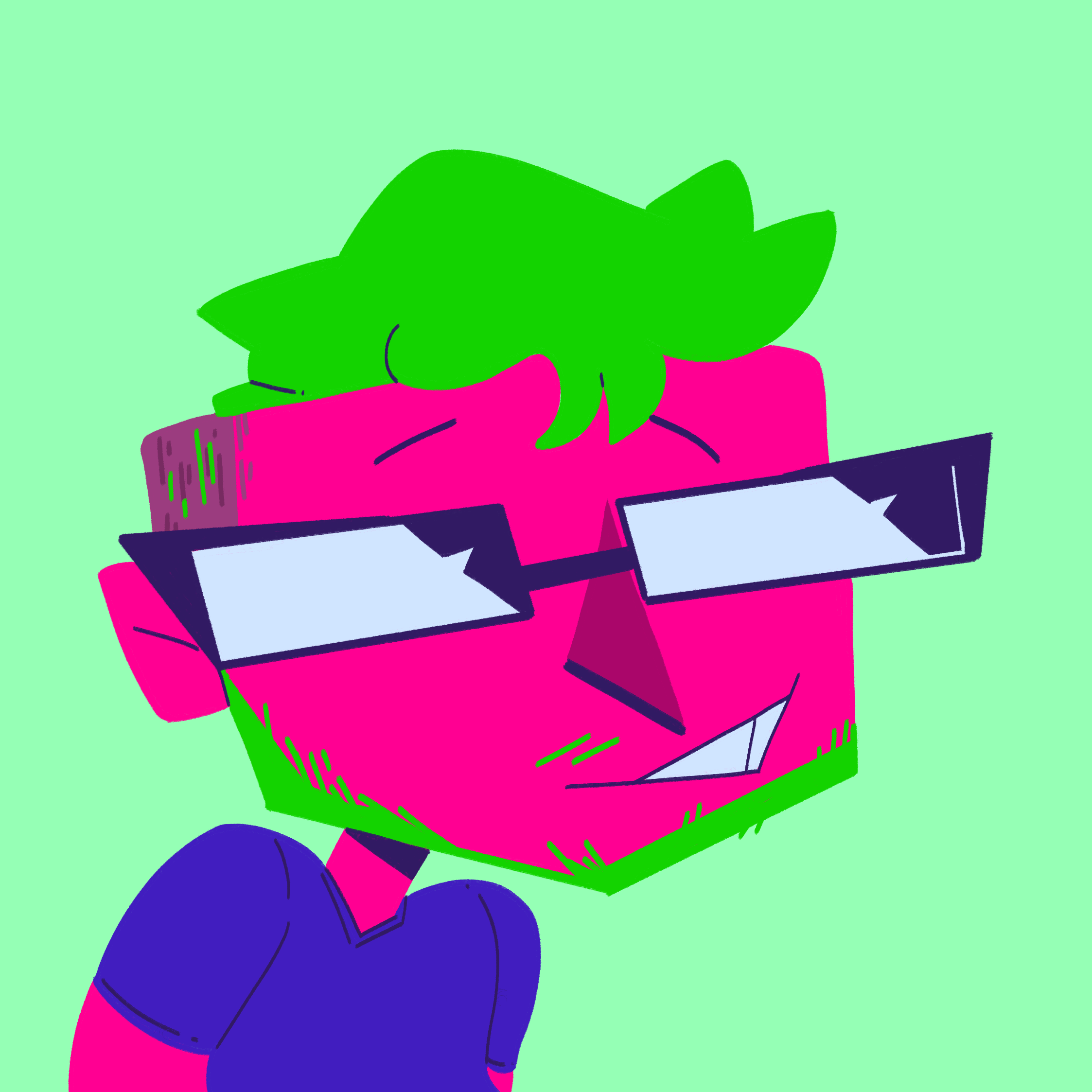 Illustrated avatar showing Devon with pink skin, green hair and green beard, and a blue t-shirt on a light green background
